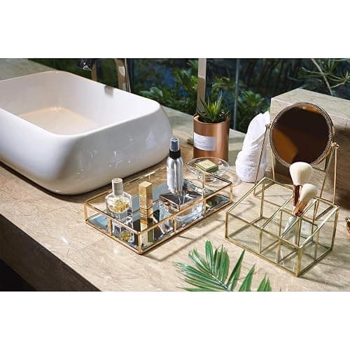 PuTwo Tray Mirror Gold Dresser Ornate Metal Decorative Jewelry Organizer | Gold Tray Jewelry Perfume Organizer Makeup Tray for Vanity Dresser Bathroom Bedroom thumbnail 4