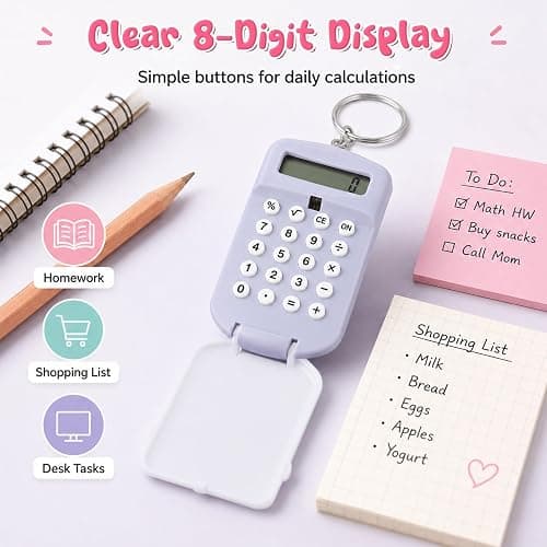 NUOBESTY 2Pcs Mini Calculator Keychain, Pocket Size 8-Digit Flip Cover with Key Ring Cute Small Calculator Students Backpacks Pencil Cases Supplies for School Office Home (Pink & Gray) thumbnail 5