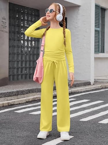Haloumoning Girls 2 Piece Outfits Kids Ruched Long Sleeve Tops and Wide Leg Pants with Pockets Sweatsuit Clothing Sets thumbnail 3