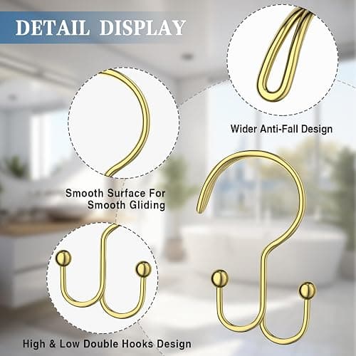 Shower Curtain Hooks, OEH Shower Curtain Rings, Gold Shower Curtain Hooks Rust Proof, Decorative Double Shower Hooks for Shower Curtain, Anti-Drop Shower Rings for Curtain & Liners, Gold, 12Pack thumbnail 4