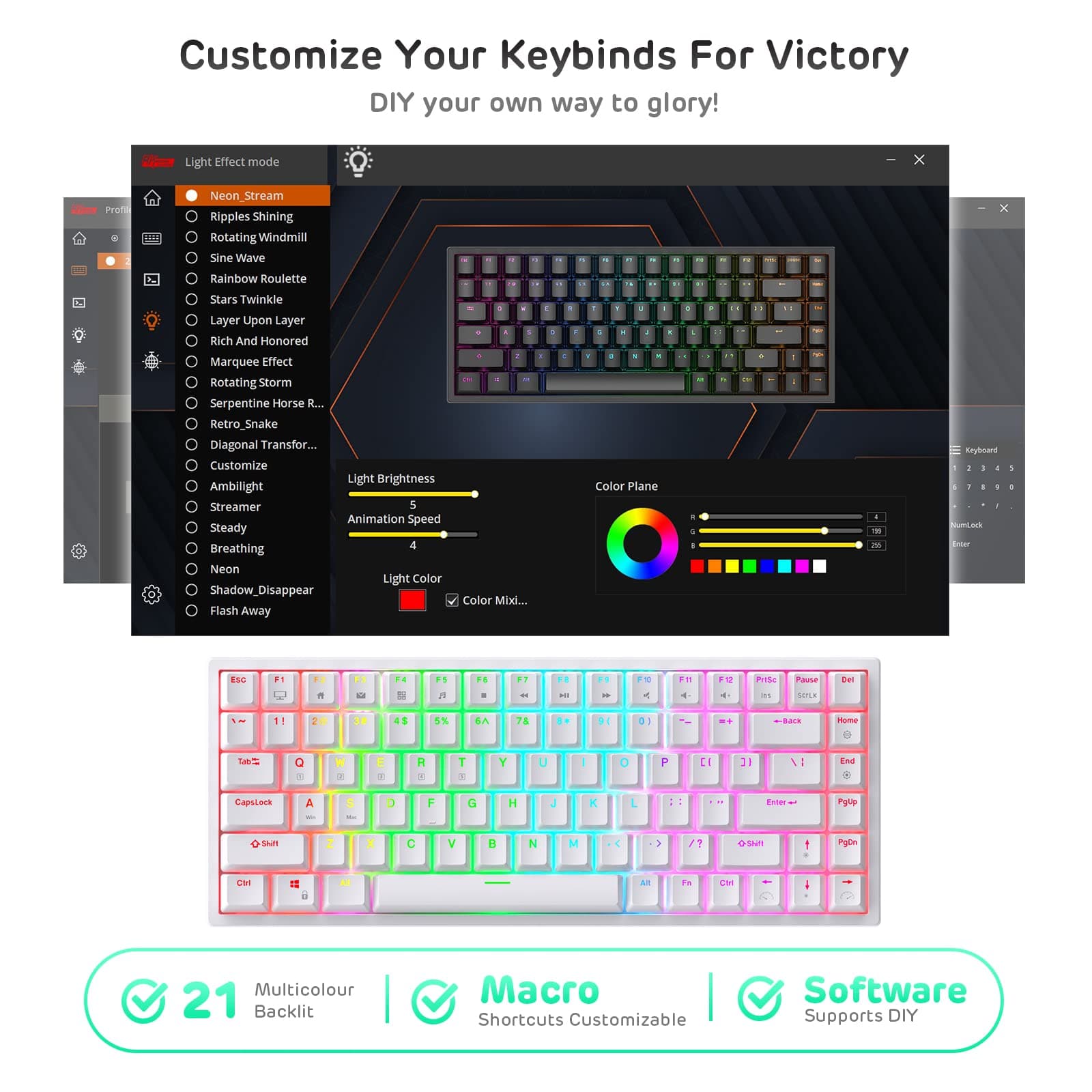 RK ROYAL KLUDGE RK84 Wireless Bluetooth/2.4Ghz 75% RGB Mechanical Gaming Keyboard, Three Modes Connectable Keyboard with Hot-Swappable Quiet Red Switch White thumbnail 7