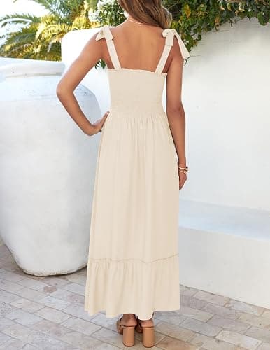 ZESICA Women's 2026 Summer Boho Spaghetti Strap Square Neck Solid Color Ruffle A Line Beach Long Maxi Dress thumbnail 3