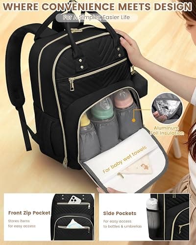 Pritent Diaper Bag Backpack, Baby Bag Backpack Baby Essentials for Mom Dad | With Changing Pad, Pacifier Case, Double Decker, Baby Diaper Bag, Insulated Pocket, Diaper Backpack for Baby(Black,L) thumbnail 5