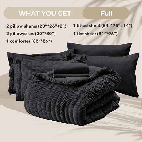 HYMOKEGE Black Full Size Comforter Sets Seersucker 7 Pieces, All Season Luxury Bed in a Bag for Bedroom, Bedding Set with Comforters, Sheets, Pillowcases & Shams thumbnail 5