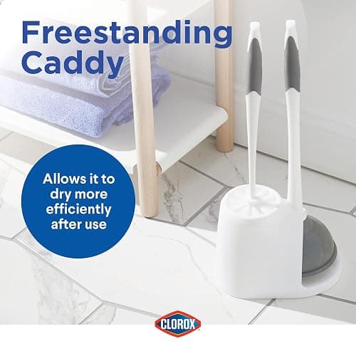 Clorox Toilet Plunger and Bowl Brush Combo Set with Caddy, 6.75" x 7" x 19.5", White/Gray, Pack of 2 - Plunger and Toilet Bowl Brush, Heavy Duty Plunger, Toilet Cleaning Brush, Freestanding Caddy thumbnail 5