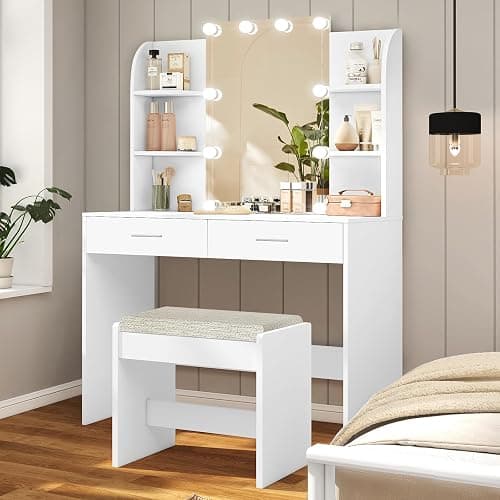 FIONESO Vanity Desk with Mirror & Lights, Makeup Vanity Table with 2 Large Drawers, 6 Storage Shelves & Stool, Bedroom Dressing Vanity Table with 3 Color Light Adjustable, White thumbnail 2