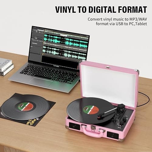 Vinyl Record Player 3-Speed Bluetooth Suitcase Portable Belt-Driven Record Player with Built-in Speakers RCA Line Out AUX in Headphone Jack Vintage Turntable,Pink thumbnail 4
