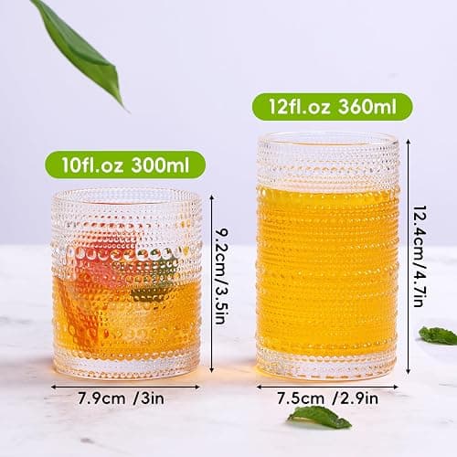 Moretoes Hobnail Drinking Glasses Set of 12, 12 Oz Highball Glasses & 10 Oz Cocktail Glasses, Clear Embossed Boho Glass Cups Kitchen Bar Tumbler Glassware Set for Whiskey, Beer, Juice, Milk thumbnail 3