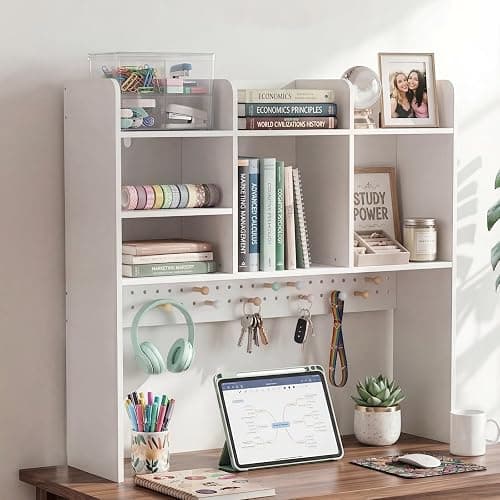 OOOK White Desk Hutch, Dorm Organizers and Storage, 3-Tier Desktop Bookshelf, Wooden Computer Desk with Hutch, Desk Hutch with Pegboard and Accessories Included for Office Dorm Home - Image 1