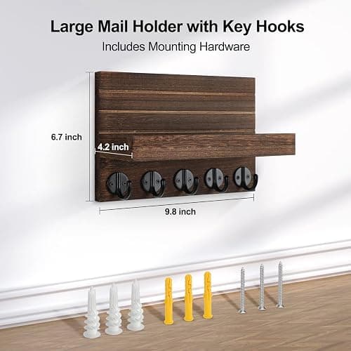 Lwenki Key Holder for Wall, Decorative Key and Mail Holder with Shelf Has Large Key Hooks for Bags, Coats – Paulownia Wood Key Hanger with Mounting Hardware (9.8”W x 6.7”H x 4.2”D) (Brown) thumbnail 2