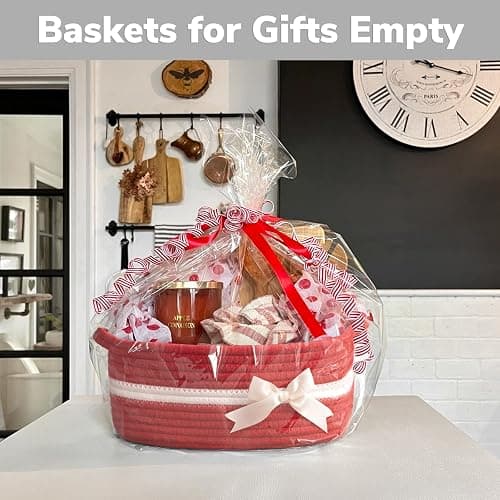 CHICVITA Small Woven Rope Gift Basket, Decorative Burr Basket, Red | 13" x 10" x 5" Storage Baskets for Toys & Baby Essentials, Fits Nursery & Bedroom Organization, Built-In Handles, Bow Design thumbnail 3