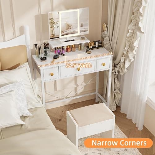 HIGDBFE Vanity Desk with Mirror & Lights and 3 Fabric Drawers, Makeup Vanity Table with Adjustable Stand, Dressing Vanity Table for Bedroom, Computer Desk for Small Spaces, 27.5''W, White thumbnail 4