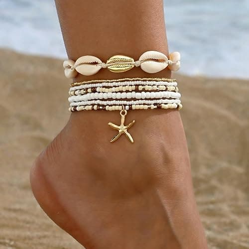 Qceasiy Shell Ankle Bracelet Set for Women, Gold Plated Boho Bead Adjustable Anklet, Hawaiian Beach Seashell Pearl Heart Starfish Conch Foot Jewelry Gifts thumbnail 4
