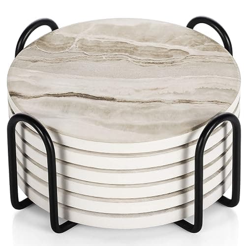 LIFVER Coasters Set of 6, Coasters for Drinks Absorbent Stone with Holder, Black Marble Style Ceramic Drink Coaster for Tabletop Protection, Coffee Table Decor Ideal for Home Decor House Warming Gifts - Image 1