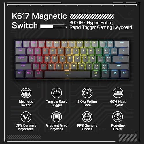 Redragon K617 Magnetic Switch Rapid Trigger Gaming Keyboard, 60% Wired Mechanical Keyboard w/ 8k Hz Polling Rate(0.1ms), Hyper-Fast 0.2mm Actuation Custom Switch Adjustable via Software, Misty Grey thumbnail 2