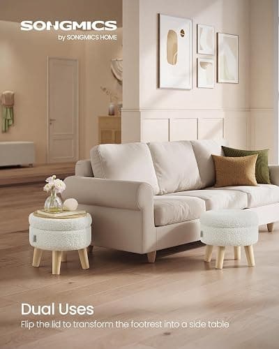 SONGMICS Storage Ottoman, Foot Stool, Round Ottoman with Padded Seat, Foot Rest with Wood Legs, Small Table, for Hallway, Living Room, 12.2 Inches, Teddy Fleece, White ULOM515WD01 thumbnail 3