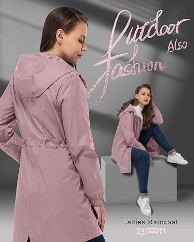 33,000ft Women's Waterproof Long Rain Coats Packable Rain Jacket with Hood Trench Coats Windbreaker thumbnail 2