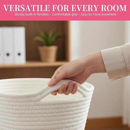 Woven Basket – Small Woven Storage Basket With Handle, Gift Basket Empty, Small Baskets for Gifts, Cotton Rope Basket for Dog Toy, Towel, Easter Egg, Home Organisation, Nursery, Bathroom, Bedroom thumbnail 5