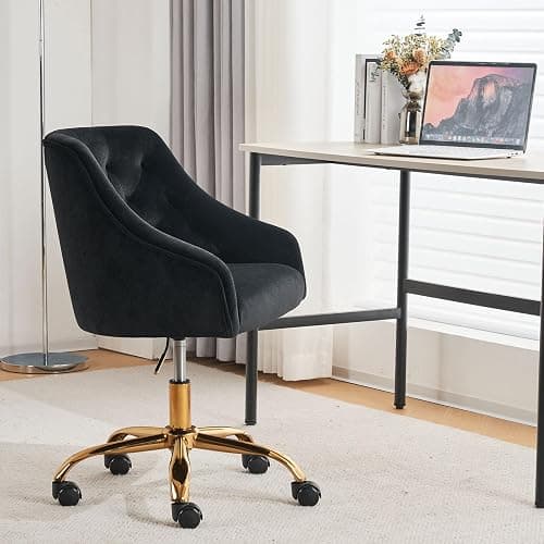 MOJAY Velvet Office Swivel Chair, Vanity Fabric Desk Pretty Fancy Gold Office Chairs for Girls, 360°Swivel Height Adjustable Reception Chair (Black) thumbnail 7