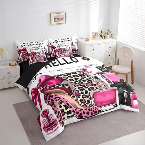 Erosebridal Black and Pink Leopard Print Comforter Set King Size | Fashion Modern Girly Bedding Set 7 Pieces Bow Perfume High Heels Bed Sets Trendy Stylish Girls Bed in A Bag with Flat Fitted Sheets thumbnail 3