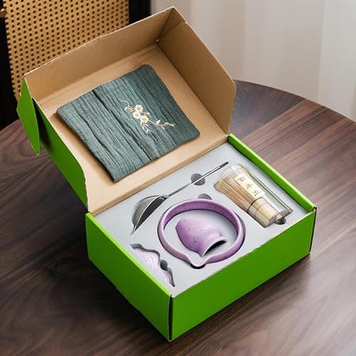 7Pcs Japanese Matcha Tea Set, Matcha Kit with Matcha Bowl (with Pouring Spout), Matcha Whisk, Whisk Holder, Strainer - Elegant Matcha Set for Gifting and Personal Use, Gift Box Packaging (Purple;) thumbnail 2