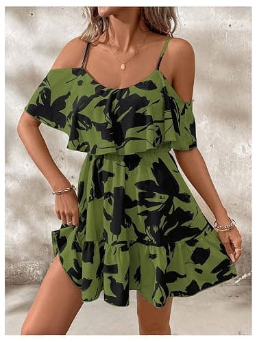 SOLY HUX Women's Boho Floral Print Cold Shoulder Dress Short Sleeve Ruffle A Line Vacation Elegant Mini Dresses thumbnail 3
