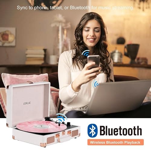 3-Speed Vinyl Record Player Turntable Portable Suitcase with Bluetooth, Rechargeable Battery, Aux/RCA/Headphone Jacks, Compact Retro Design for Vinyl Lovers thumbnail 4