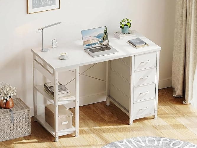 ODK 40 Inch Small White Computer Desk with 4 Fabric Drawers, Modern Office Desk for Home Office Gaming with Storage Shelves Study, White thumbnail 2