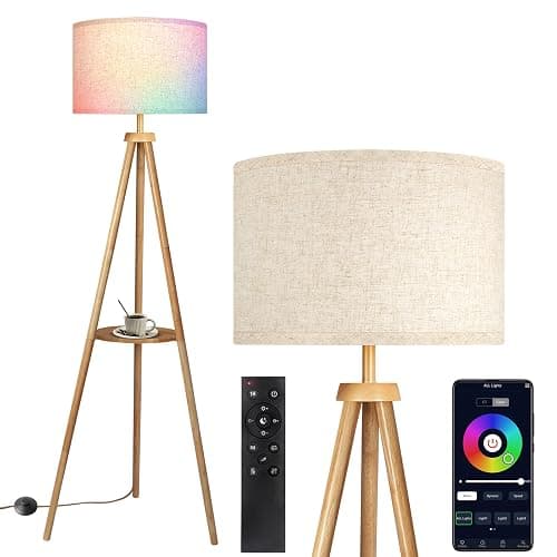OUTON Tripod Floor Lamp with Shelves, Mid Century Dimmable Wood Floor Lamp with Remote Control, 4 Color Temperatures, Standing Tall Lamp with Linen Shade for Living Room, Bedroom, Office, Oak Hardwood - Image 1
