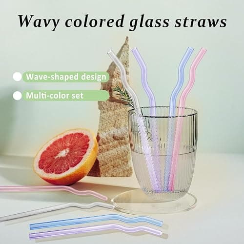 8 Pcs Reusable Wavy Glass Straws, Colorful Glass Straws Shatter Resistant 7.9" X 8mm Cute Drinking Straw with 2 Cleaner Brushes for Hot/Cold Beverages, Milk, Coffee, Juice, Wine thumbnail 2