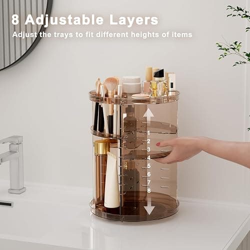 Rotating Makeup Organizer Countertop, DIY Adjustable Trays Spinning Skincare Organizers, Cosmetic Display Shelf with Perfume & Brush Holder, Multi-Function Desk Storage Carousel for Vanity Bathroom thumbnail 5