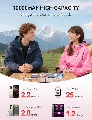 Portable Charger, 10000mAh 22.5W Fast Charging Power Bank with Built-in Cables, Travel Essentials Battery Pack with LED Display for iPhone, Portable iWatch Charger for 11/10/9/8/7/6/5/4/SE/Ultra Pink thumbnail 5
