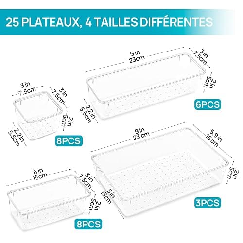 Vtopmart Organisateu Tiroir, Plastique Rangement Tiroir, 4 Tailles, 25 Pack | Design Transparent Empilable, pour Salle de Bain, Coiffeuse, Cuisine et Bureau, Livré avec Tapis Antidérapan, Facile Nettoyer thumbnail 2