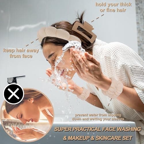 Canitor Spa Headband Wristband Set with Hair Clips Skincare Headbands for Washing Face Skin Care Puffy Makeup Headband Wrist Bands Preppy Teen Girl Gifts Cute Trendy Stuff Hair Accessories for Women thumbnail 2