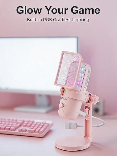 Pink USB Condenser Microphone for Gaming, PC Mic with 2 Pickup Patterns, RGB Light, Tap-to-Mute, 96KHz/24Bit for Streaming Podcast YouTube Recording, Plug & Play for PS4 PS5 Computer Accessories thumbnail 6