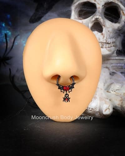 Mooncrush Jewelry Gothic Black Septum Ring 16G Spider Dangle With Red Heart Daith Piercing Jewelry - Stainless Steel thumbnail 3