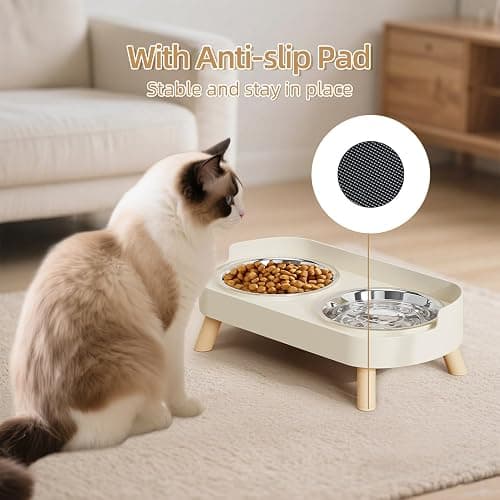 Elevated Cat Bowl, Raised Cat Food and Water Bowl Set for Indoor Cats, Splash Proof with 2 Stainless Steel Pet Food Bowls for Cats and Puppies, Whisker Fatigue and Dishwasher Safe - White thumbnail 5