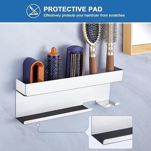 WAYASI Hair Dryer Holder Wall Mount, Hair Straightener Holder for Curling Iron Styler Accessory, Hair Dryer Storage, Adhesive Hairdryer and Straightener Holder, Hair Tool Organiser (Silver) thumbnail 7