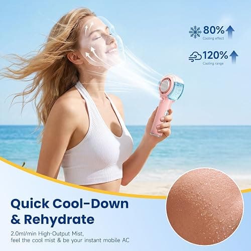 HandFan 5000mAh Portable Turbo Misting Fan, High Speed Handheld Ice Cooling Fan, Spray Water Mist Fans, Mini Hand Fans Rechargeable, 100 levels Adjustable, for Summer Travel Concerts Disney(Pink) thumbnail 2