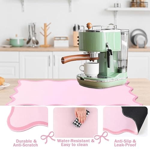 Nuanchu Pink Coffee Mat 12" x 19" Pink Coffee Bar Accessories Cute Dish Drying Mat for Kitchen Counter Scalloped Aesthetic Waterproof Coquette Drainer Pad thumbnail 5