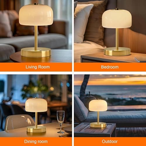 PORTRES Cordless Table Lamp Rechargeable Battery Operated Mushroom lamp Opal Glass Shade 3 Way Dimmable LED Touch Outdoor Lamp for Camping Bedroom Dining Living Room Beside Patio Restaurant,Gold thumbnail 5