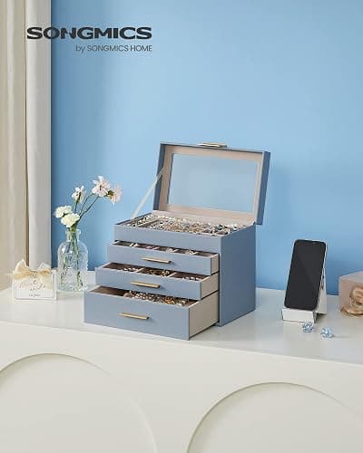 SONGMICS Jewelry Box Organizer with Glass Lid, 4-Layer Jewelry Storage, with 3 Drawers, Modern Style, 6 x 9.9 x 8.5 Inches, Smoky Blue and Gold Color UJBC161Q01 thumbnail 2