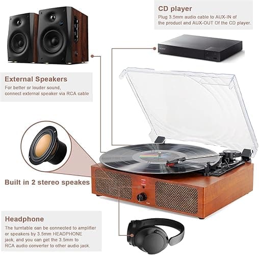 Vinyl Record Player Bluetooth Vintage 3-Speed Portable Turntables with Built-in Speakers, Belt-Driven LP Player Support USB Recording AUX-in RCA Line Out thumbnail 3
