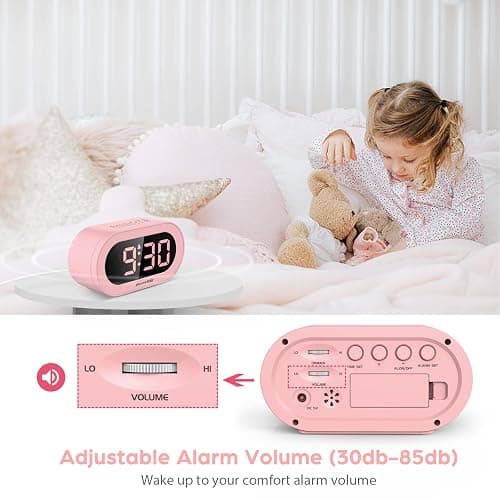 REACHER Pink Girls Alarm Clock for Kids Bedroom, Dimmable LED Digital Display, Outlet Powered, Adjustable Volume, Simple to Use, Snooze, Small Size for Bedside, Desk, Toddler thumbnail 6