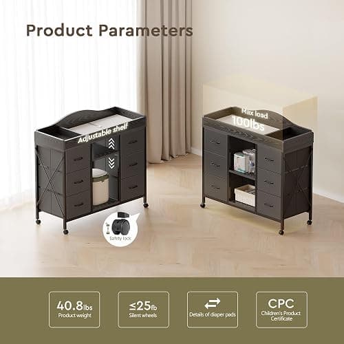 Yetom Changing Table, 6-Drawer Baby Dresser with Changing Table top,Waterproof Diaper Changing Station & Pad, 2 Height-Adjustable Open Storage Shelves, Mobile Nursery Organizer, Black thumbnail 7