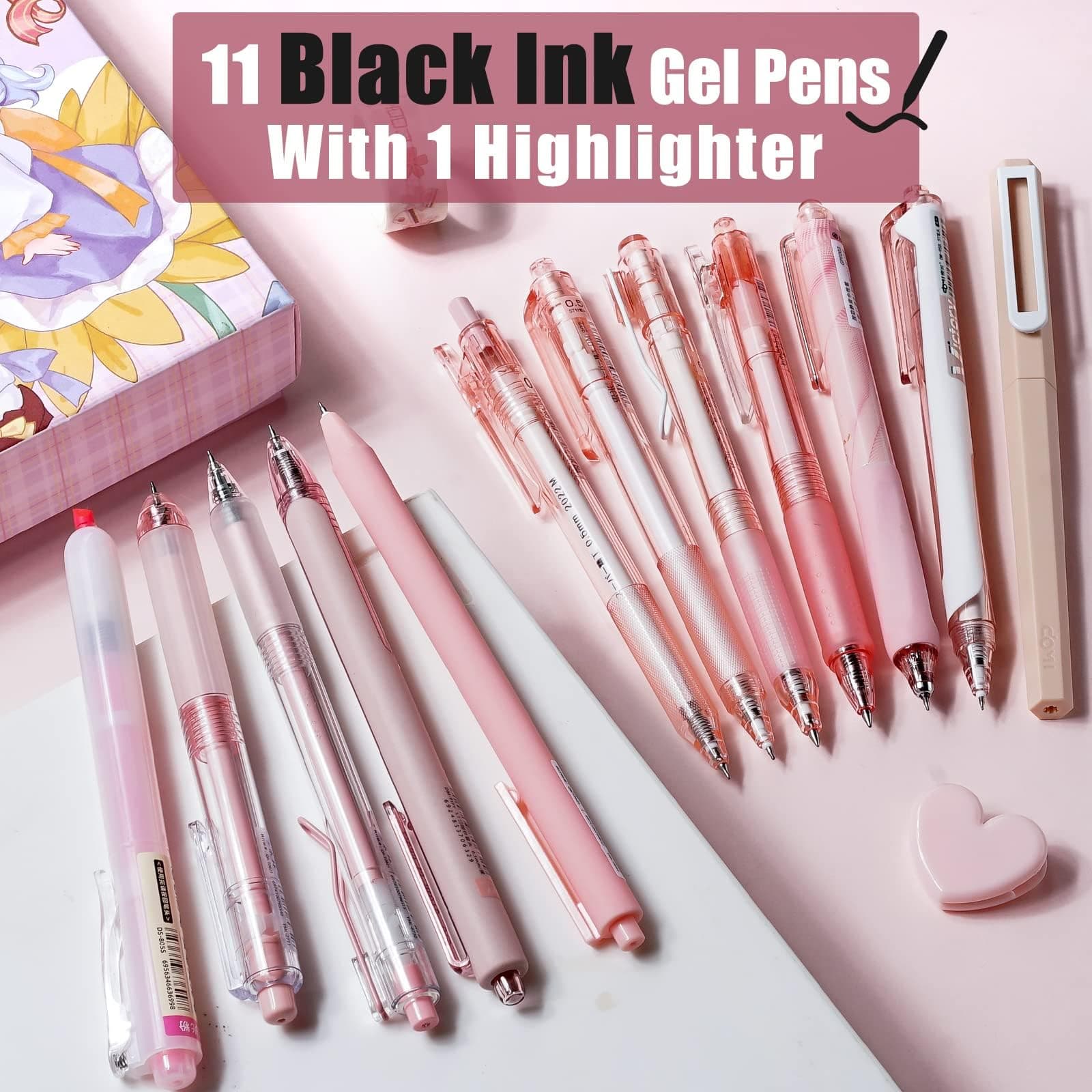Four Candies 12Pack Pastel Gel Ink Pen Set, 11 Pack Black Ink Pens with 1Pack Highlighter for Writing, Retractable 0.5mm Fine Point Gel Pens, Cute Note Taking Pens for School Office (Pink) thumbnail 2