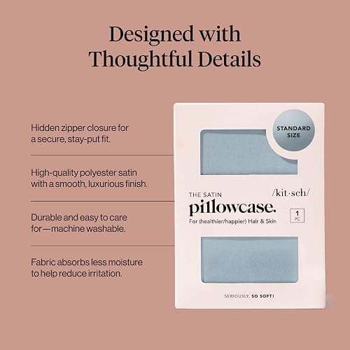 Kitsch Satin Pillowcase with Zipper - Standard Size, Haze Blue | Softer Than Silk Pillow Cases, Smooth Cooling Satin Pillow Case for Hair and Skin, Wrinkle-Free, Machine Washable thumbnail 4