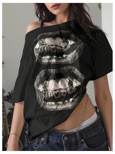 RoseSeek Women's Off The Shoulder Tops Short Sleeve Lip Graphic Tees Retro Y2K Summer T Shirts thumbnail 3