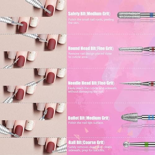 Depvko 21Pcs Nail Drill Bits Set with Portable Pink Case, 3/32 Inch Drill Bits for Nails, Ceramic Diamond Carbide Cuticle Nail Bits effile Remover Bits bits for Home Salon Acrylic Gel Nail Polish thumbnail 5