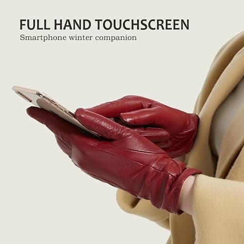NOVBJECT Leather Gloves for Women Winter Full Touch Screen Genuine Leather Warm Cashmere Knitted Lining thumbnail 2